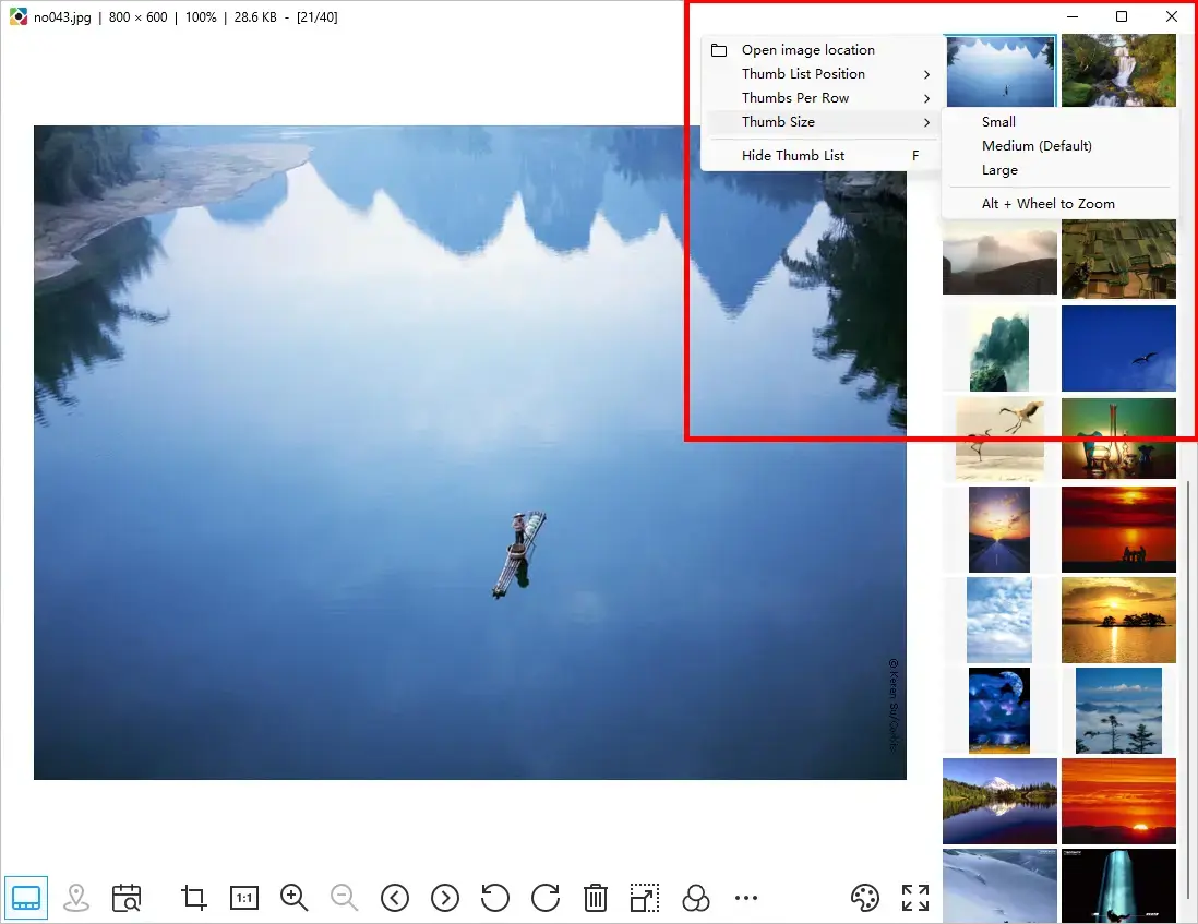 PhoXoSee screenshot - ​Customizable thumbnail list with keyboard support